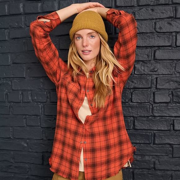 Eddie Bauer Fremont Spice Plaid Flannel Frayed Hem Shirt NWT - Picture 1 of 9